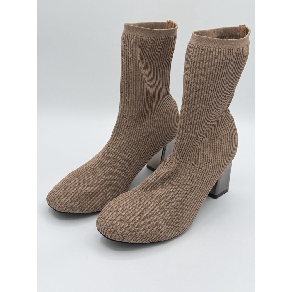 Women's Brown Knit Sock Ankle Boots Pointed Toe Block Heel Korean 245 US 6.5-7
